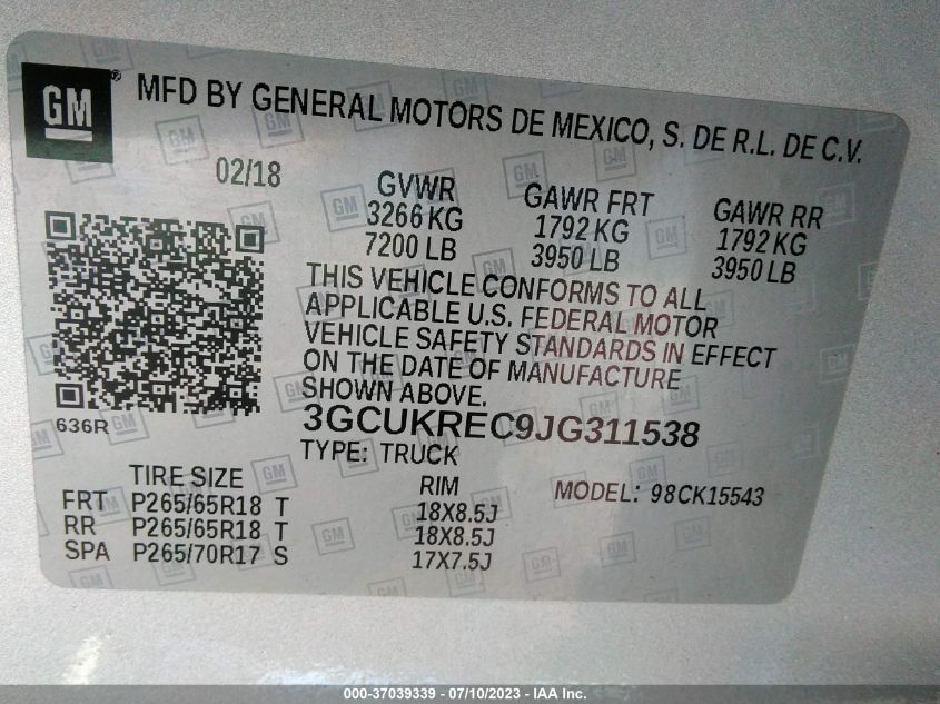 2018 CHEVROLET SILVERADO 1500 LT - 3GCUKREC9JG311538