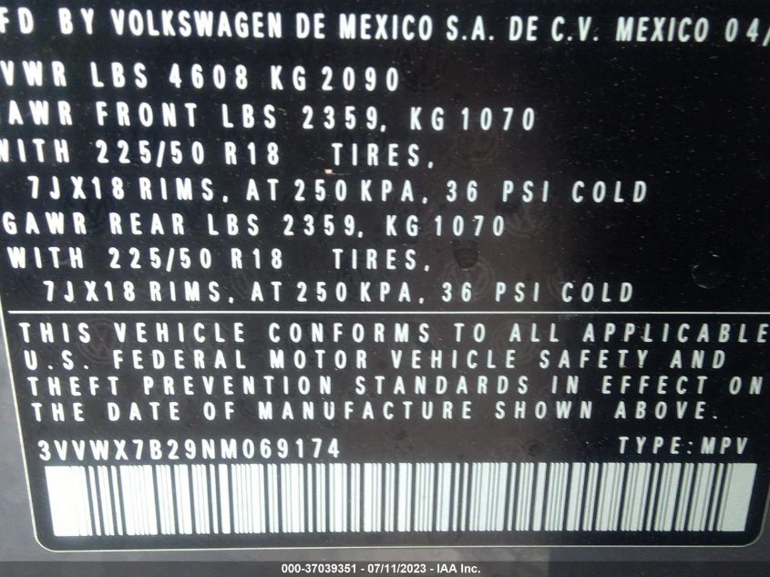 2022 VOLKSWAGEN TAOS SE - 3VVWX7B29NM069174