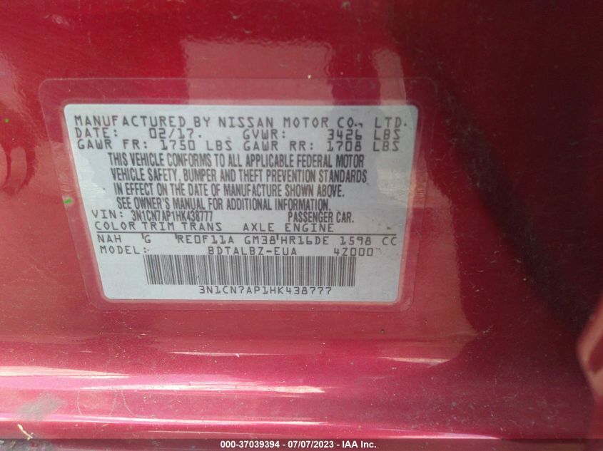 2017 NISSAN VERSA SEDAN SV - 3N1CN7AP1HK438777