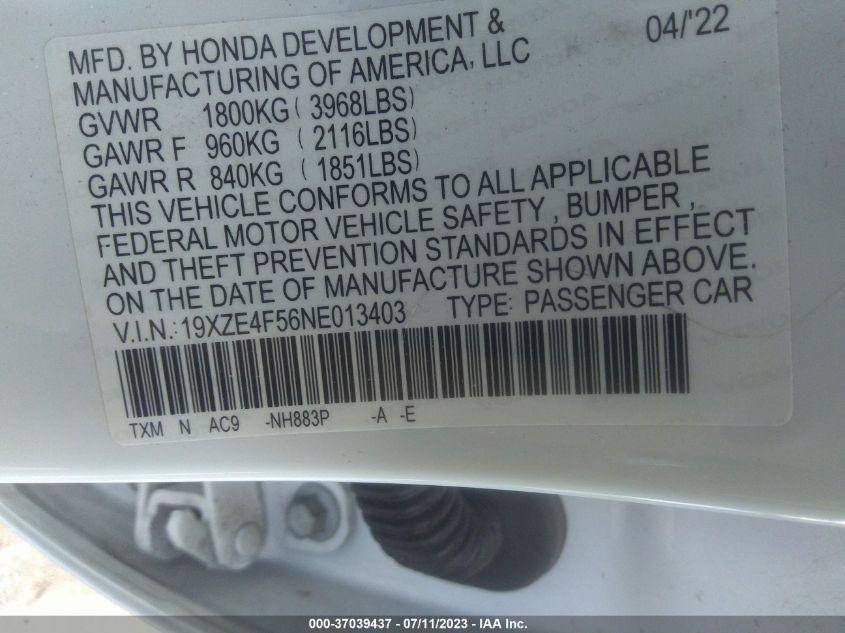 2022 HONDA INSIGHT EX 19XZE4F56NE013403
