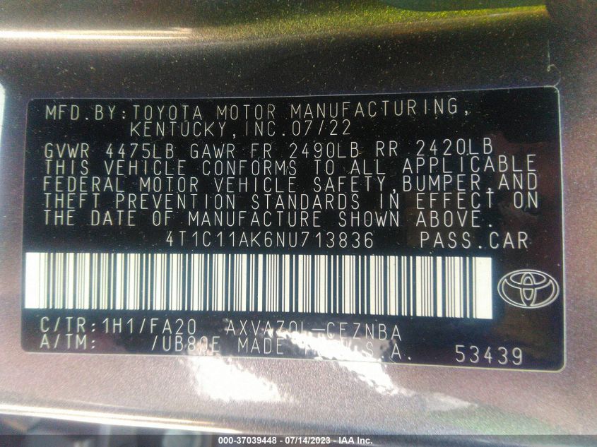 2022 TOYOTA CAMRY LE - 4T1C11AK6NU713836