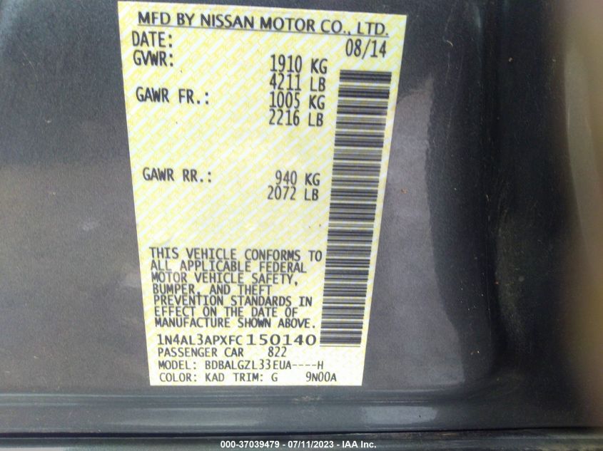 2015 NISSAN ALTIMA 2.5 S - 1N4AL3APXFC150140
