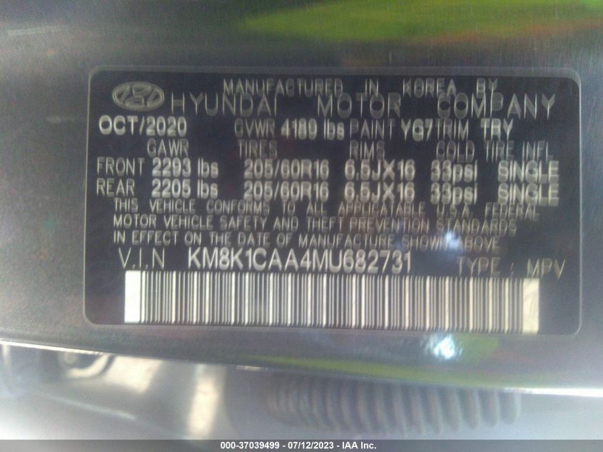 2021 HYUNDAI KONA SE - KM8K1CAA4MU682731