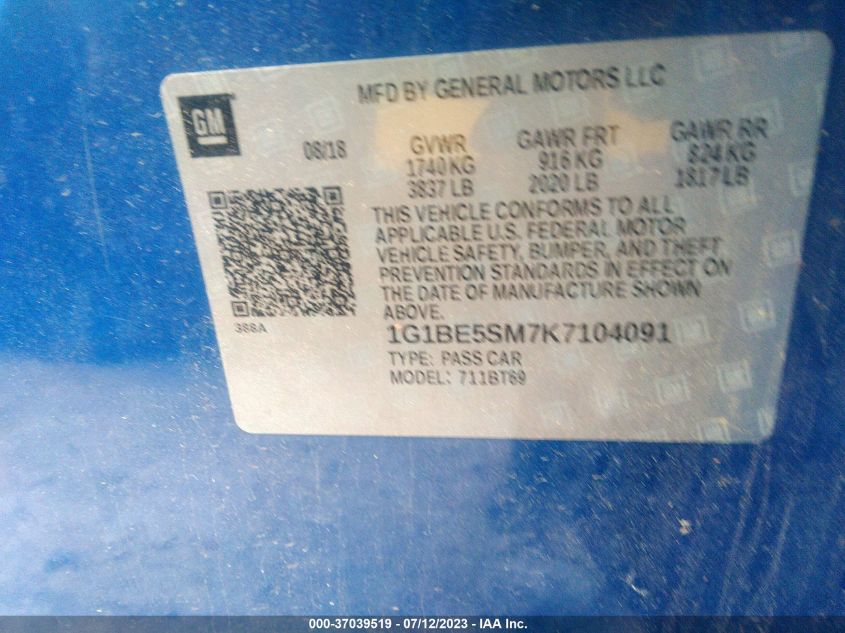 2019 CHEVROLET CRUZE LT - 1G1BE5SM7K7104091