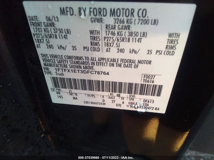 2013 FORD F-150 XL/XLT/FX4/LARIAT - 1FTFX1ET3DFC78764