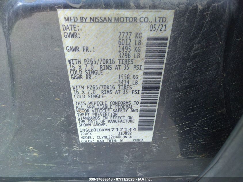 2021 NISSAN FRONTIER SV - 1N6ED0EBXMN717144