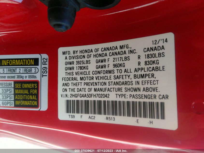 2015 HONDA CIVIC COUPE SI - 2HGFG4A50FH702042