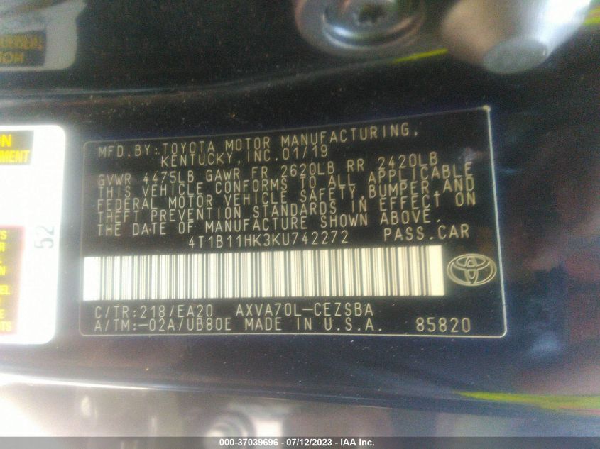2019 TOYOTA CAMRY L/LE/XLE/SE/XSE - 4T1B11HK3KU742272