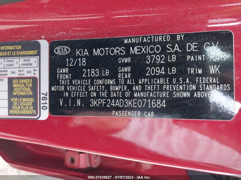 VIN 3KPF24AD3KE071684 2019 KIA FORTE FE/LX/LXS