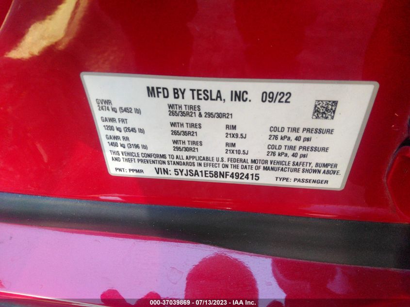2022 TESLA MODEL S - 5YJSA1E58NF492415