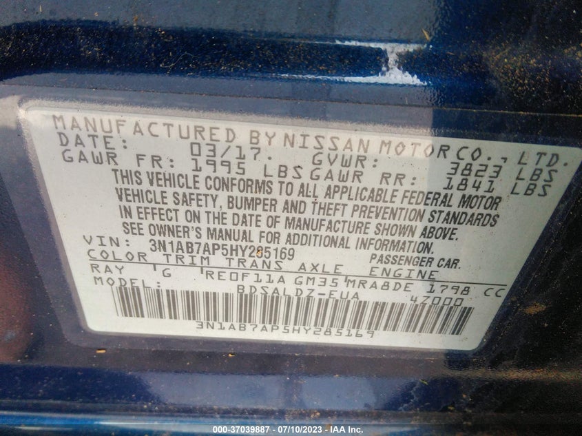 VIN 3N1AB7AP5HY285169 2017 NISSAN SENTRA SV