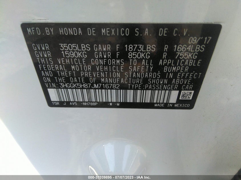 VIN 3HGGK5H87JM716782 2018 HONDA FIT EX