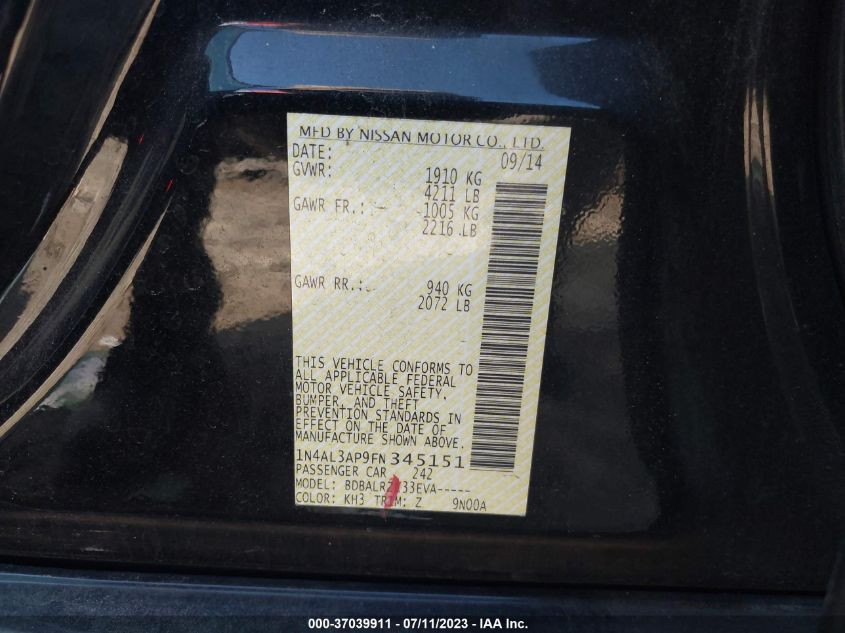 2015 NISSAN ALTIMA 2.5 SL - 1N4AL3AP9FN345151