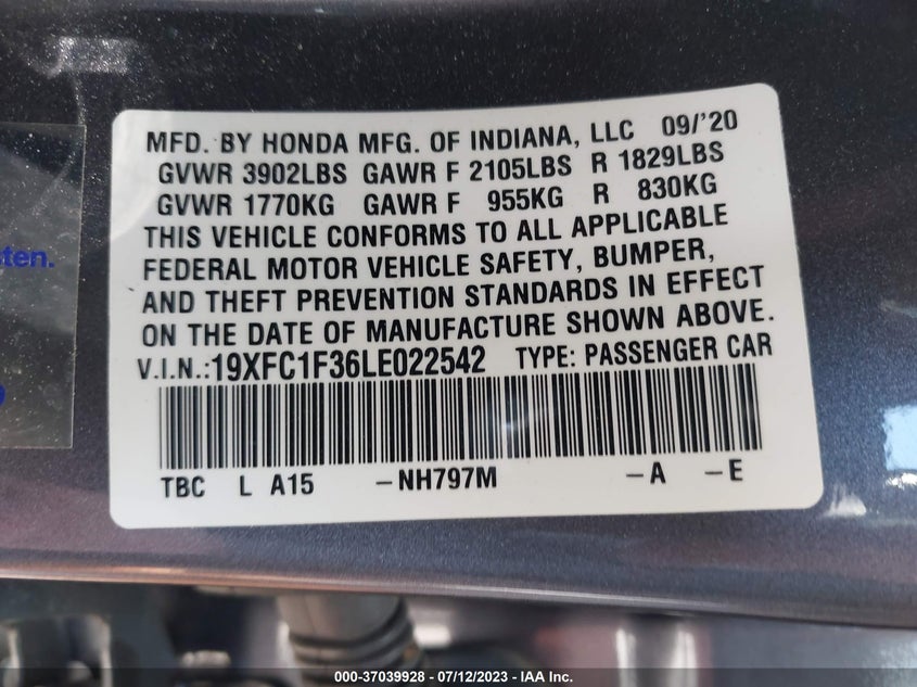 VIN 19XFC1F36LE022542 2020 HONDA CIVIC SEDAN EX