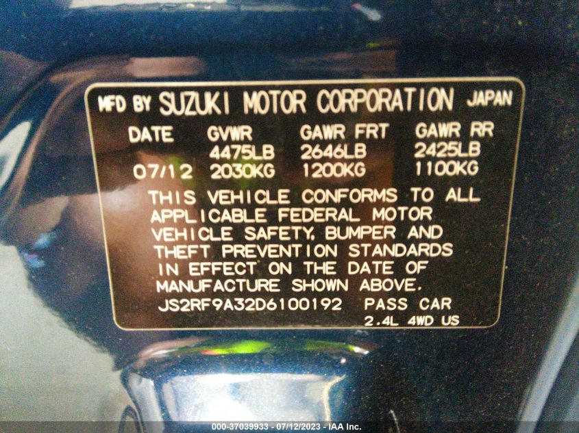 2013 SUZUKI KIZASHI SE - JS2RF9A32D6100192