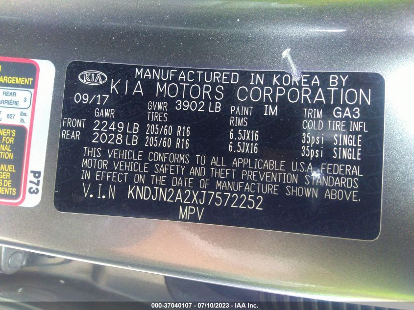 2018 KIA SOUL BASE - KNDJN2A2XJ7572252