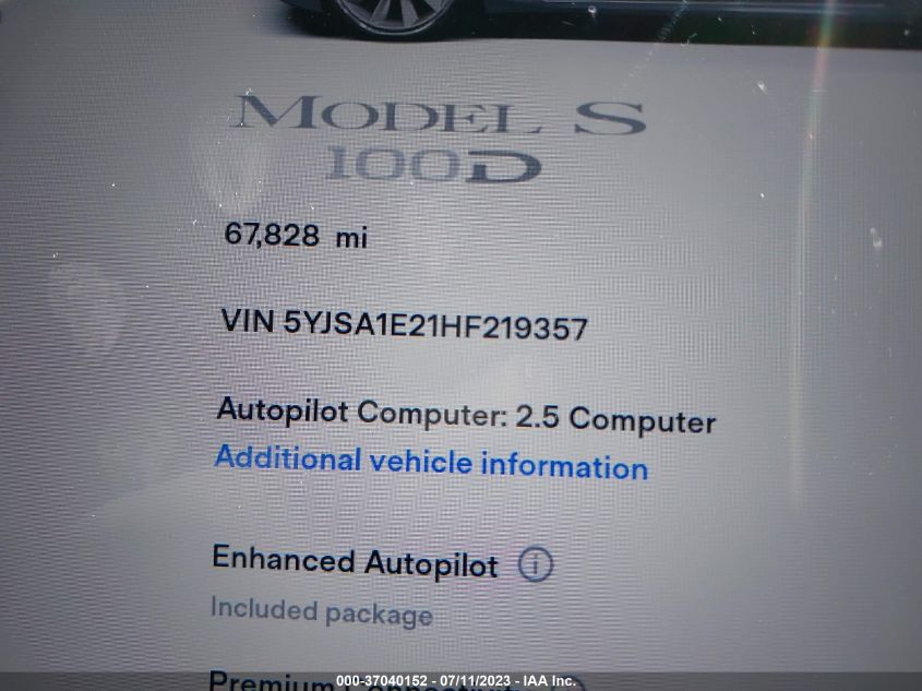 2017 TESLA MODEL S 100D/90D/75D/60D/P100D - 5YJSA1E21HF219357