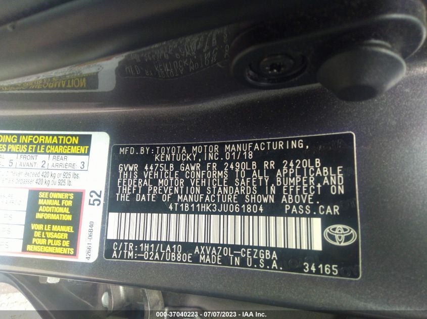 2018 TOYOTA CAMRY LE/SE/XLE/L - 4T1B11HK3JU061804