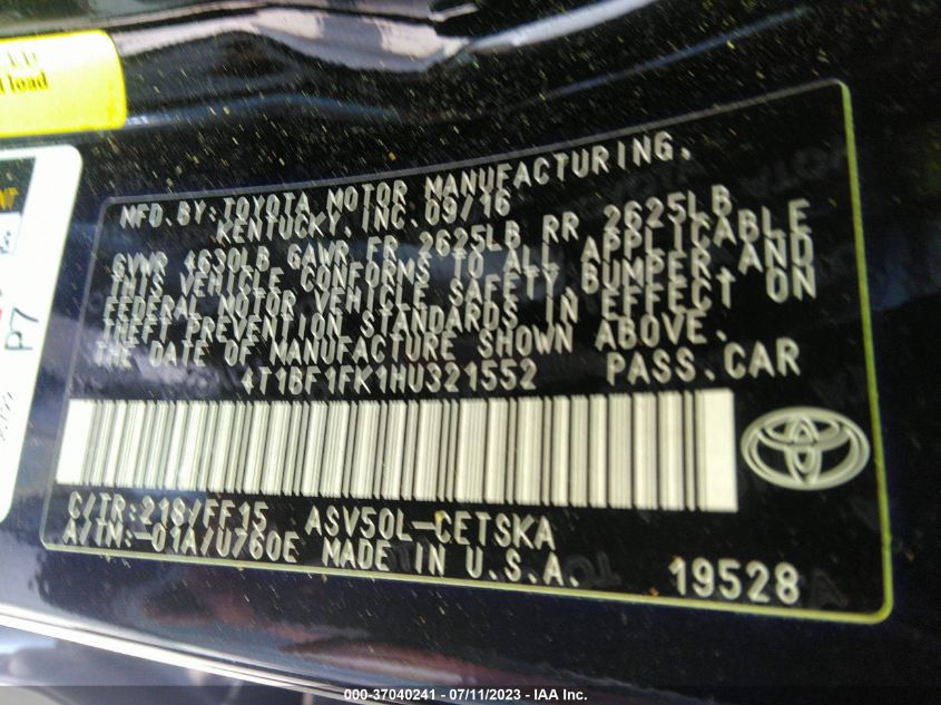 2017 TOYOTA CAMRY XLE/SE/LE/XSE - 4T1BF1FK1HU321552