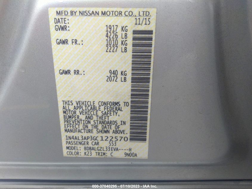 2016 NISSAN ALTIMA 2.5 S - 1N4AL3AP3GC122570