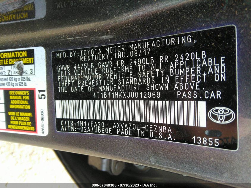 2018 TOYOTA CAMRY L/LE/XLE/SE/XSE - 4T1B11HKXJU012969