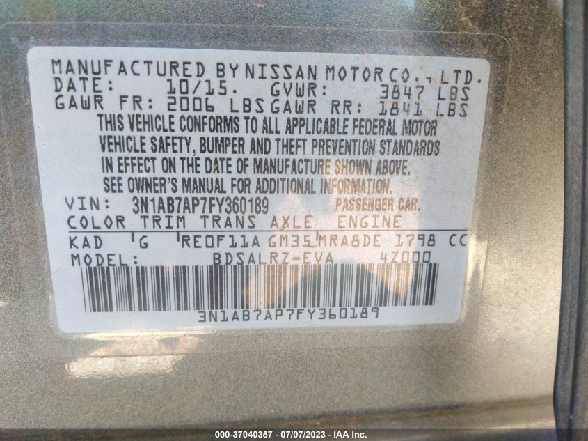 2015 NISSAN SENTRA SR - 3N1AB7AP7FY360189