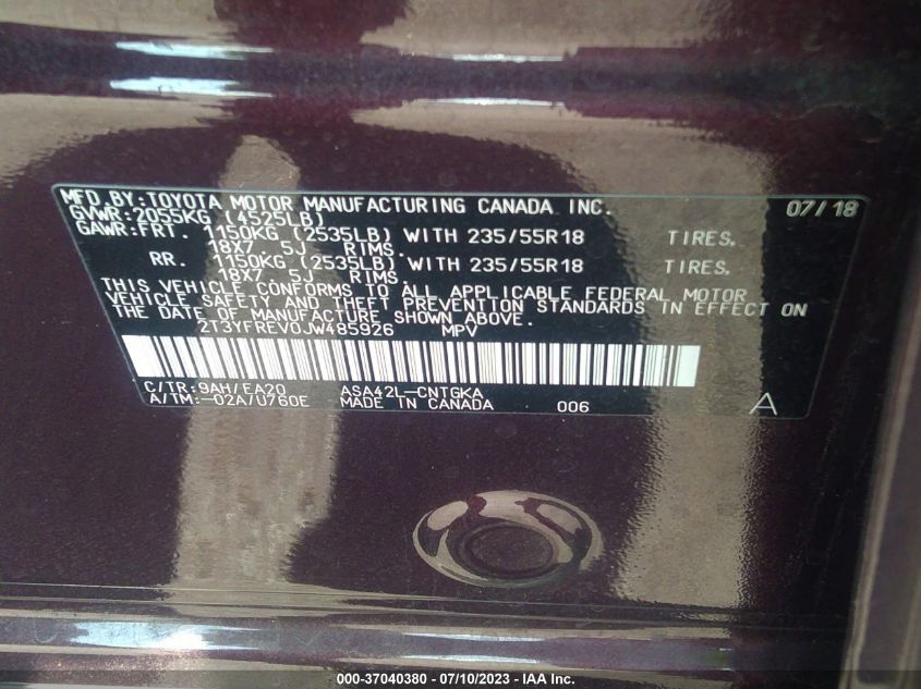 VIN 2T3YFREV0JW485926 2018 TOYOTA RAV4 LIMITED/PLATINUM