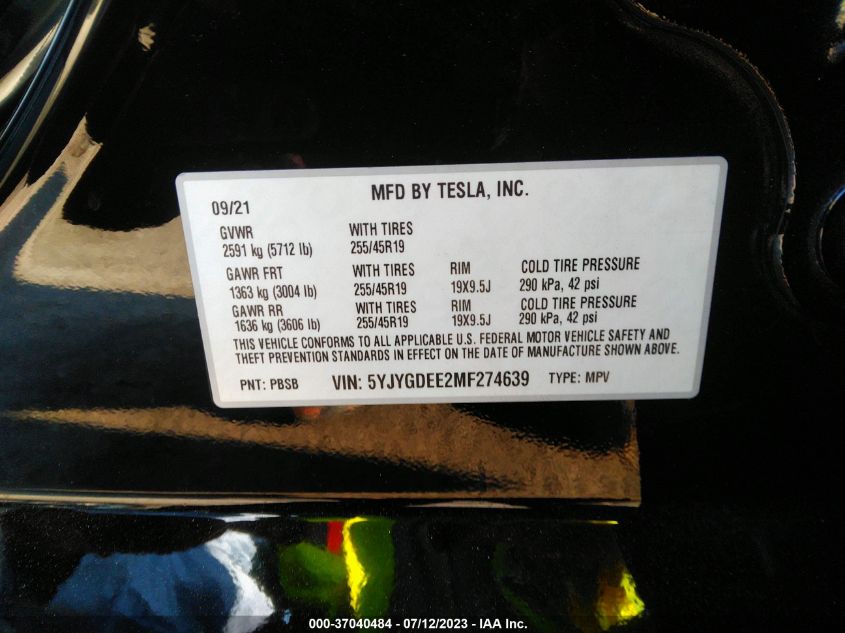 2021 TESLA MODEL Y - 5YJYGDEE2MF274639