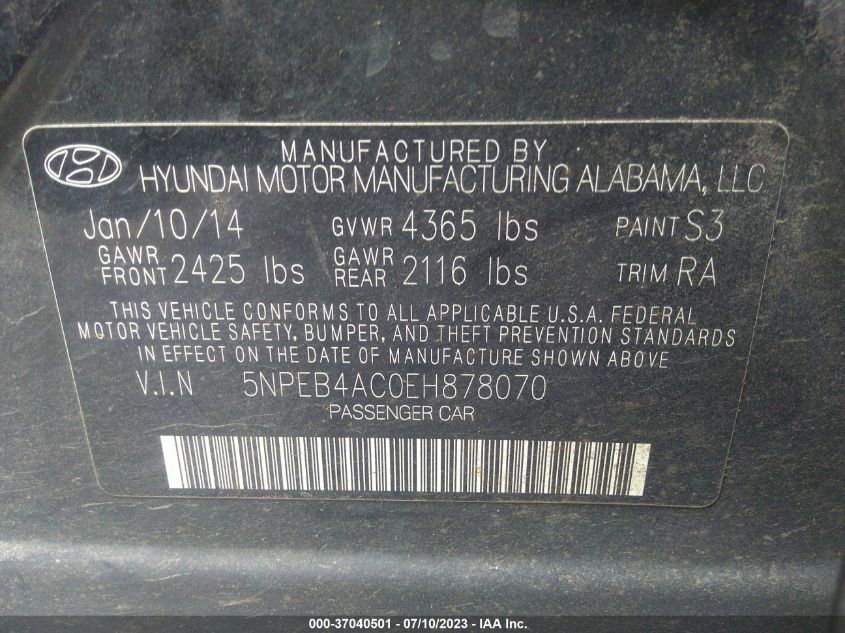 2014 HYUNDAI SONATA GLS - 5NPEB4AC0EH878070