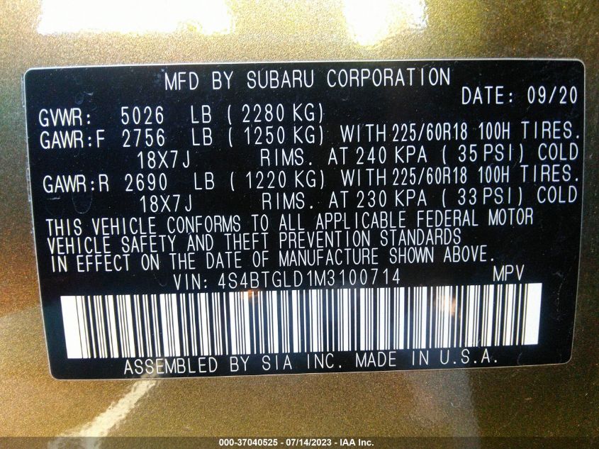 2021 SUBARU OUTBACK ONYX EDITION XT - 4S4BTGLD1M3100714
