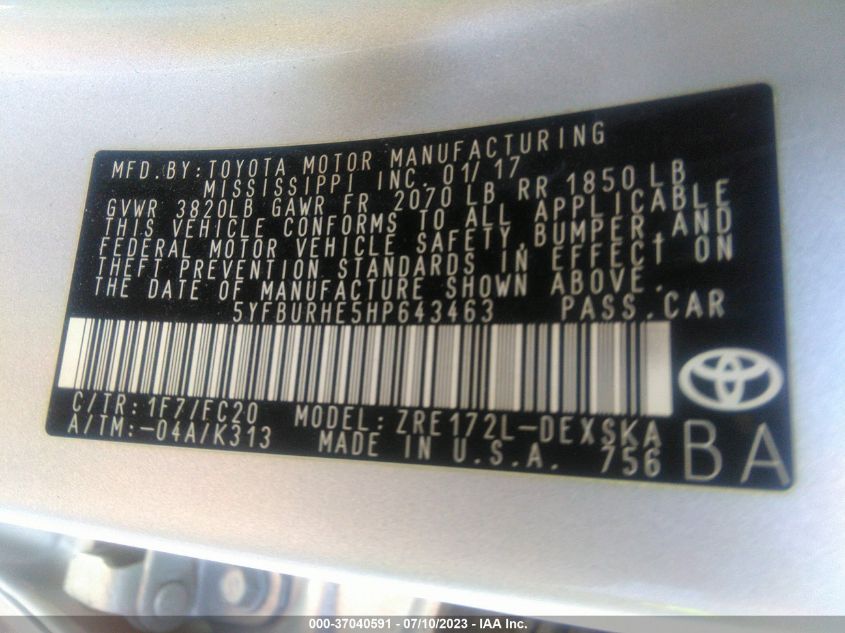 2017 TOYOTA COROLLA L/LE/XLE/SE - 5YFBURHE5HP643463