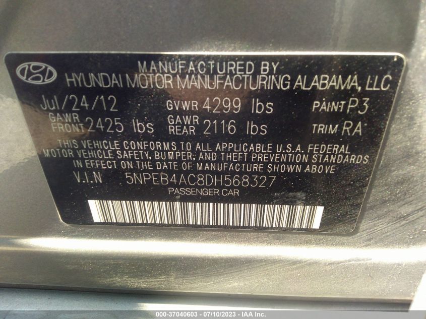 2013 HYUNDAI SONATA GLS PZEV - 5NPEB4AC8DH568327