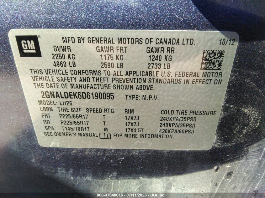 2013 CHEVROLET EQUINOX LT - 2GNALDEK6D6190095