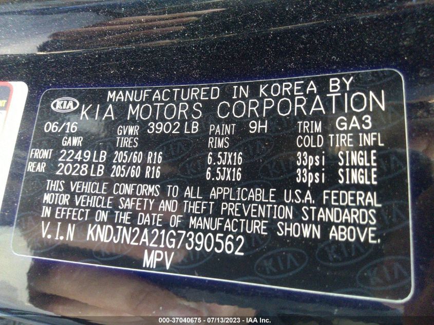 2016 KIA SOUL BASE - KNDJN2A21G7390562