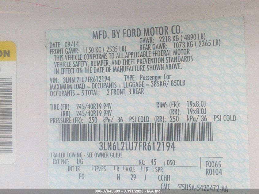 2015 LINCOLN MKZ HYBRID - 3LN6L2LU7FR612194