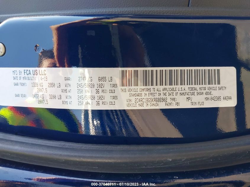 2019 CHRYSLER PACIFICA TOURING L - 2C4RC1BG5KR686902