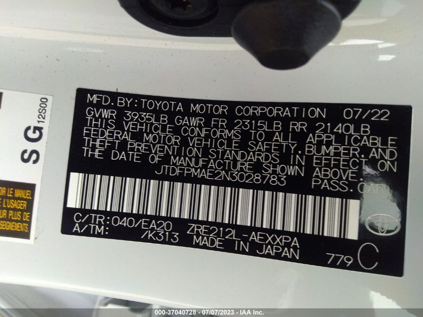 2022 TOYOTA COROLLA XLE - JTDFPMAE2N3028783