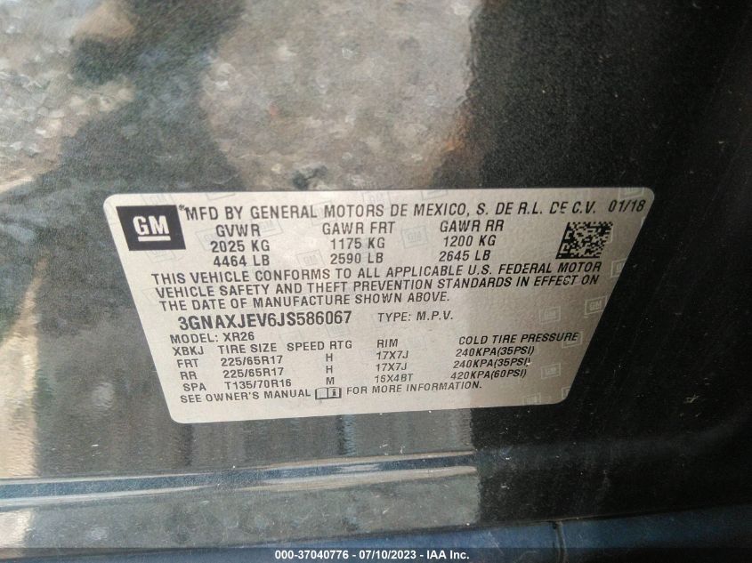 2018 CHEVROLET EQUINOX LT - 3GNAXJEV6JS586067