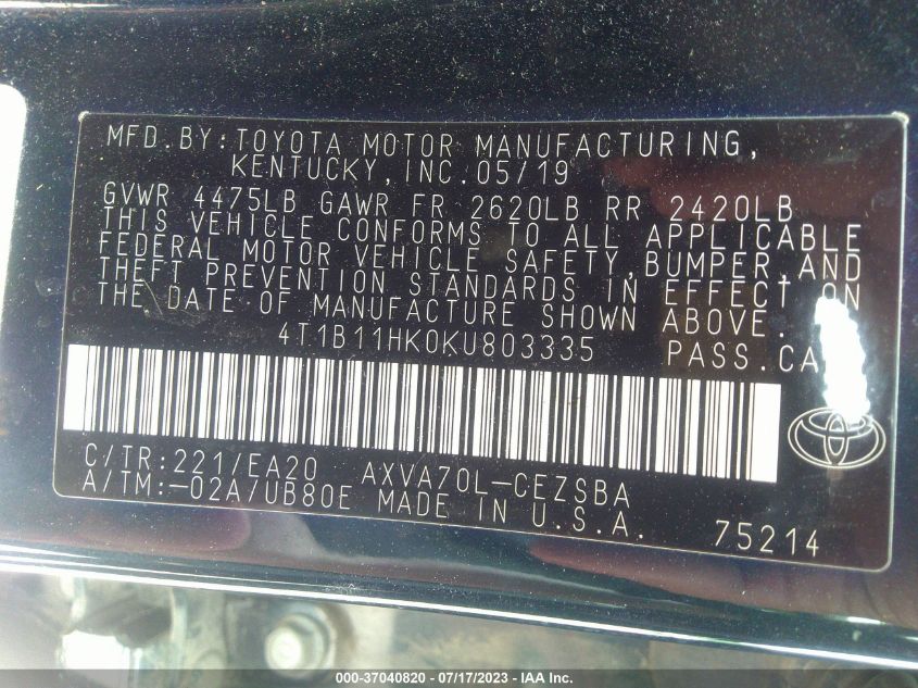 2019 TOYOTA CAMRY LE/SE/XLE/L - 4T1B11HK0KU803335
