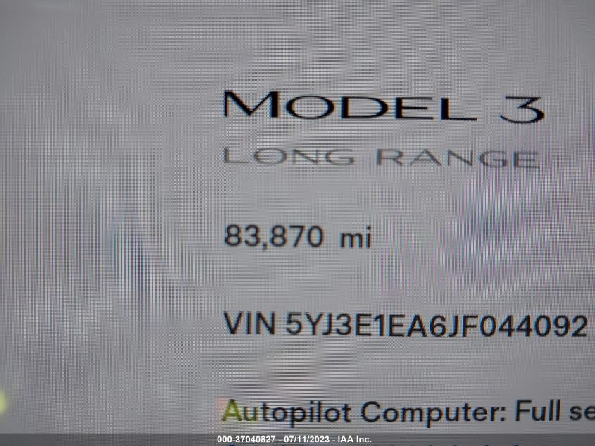 2018 TESLA MODEL 3 RANGE BATTERY - 5YJ3E1EA6JF044092