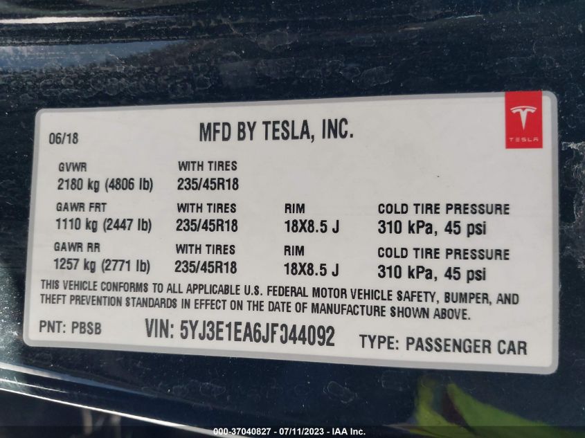 2018 TESLA MODEL 3 RANGE BATTERY - 5YJ3E1EA6JF044092