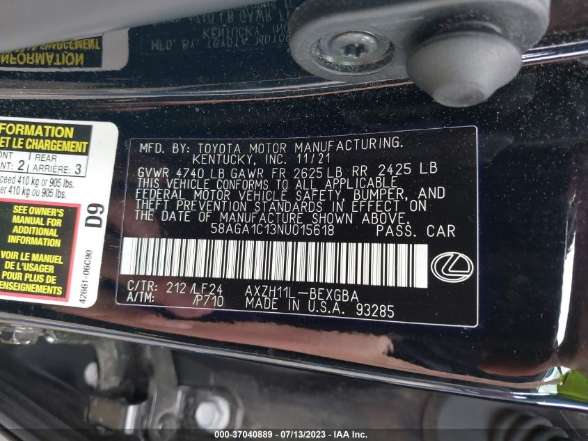 2022 LEXUS ES ES 300H F SPORT - 58AGA1C13NU015618
