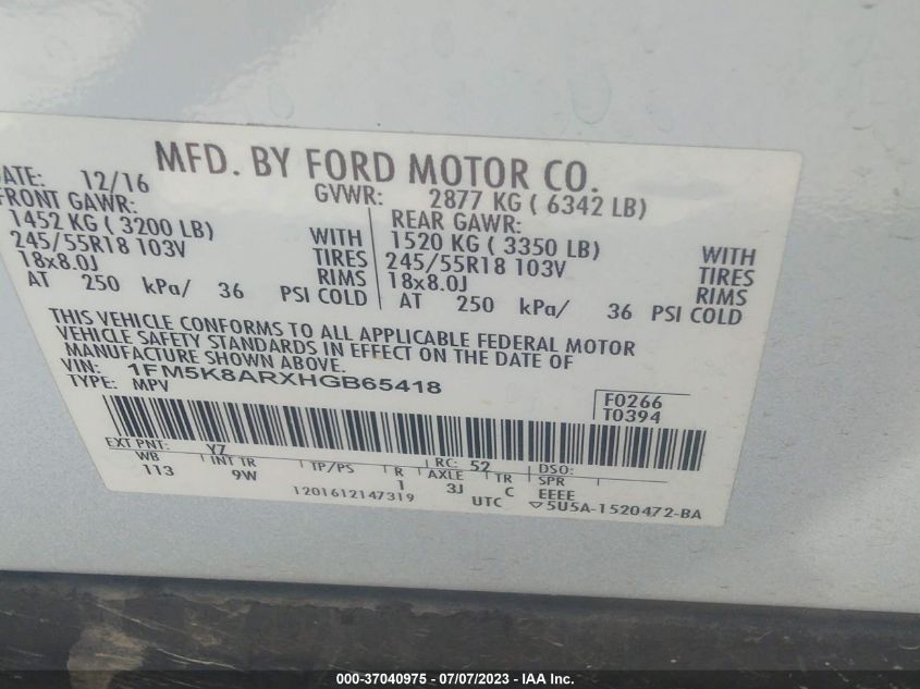 2017 FORD POLICE INTERCEPTOR - 1FM5K8ARXHGB65418