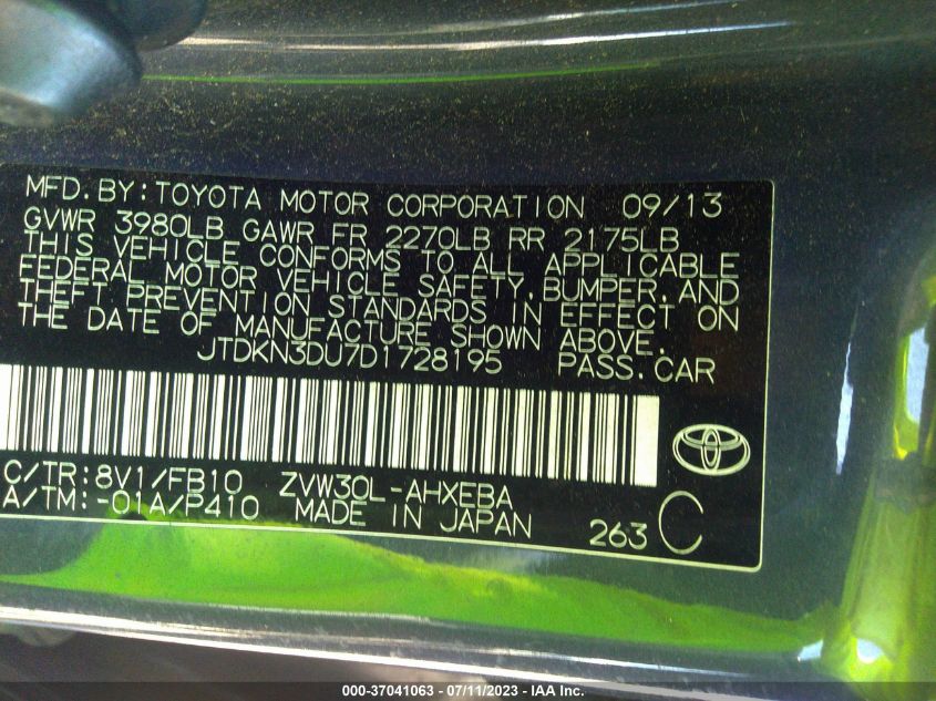 2013 TOYOTA PRIUS ONE/TWO/THREE/FOUR/FIVE - JTDKN3DU7D1728195