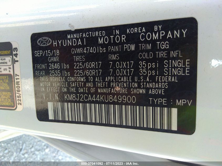 2019 HYUNDAI TUCSON SE - KM8J2CA44KU849900