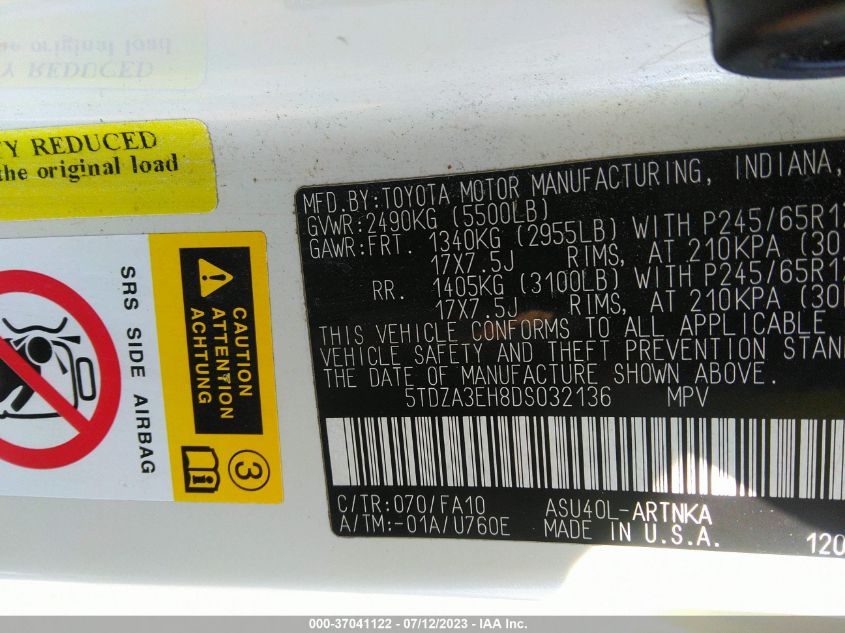 2013 TOYOTA HIGHLANDER - 5TDZA3EH8DS032136
