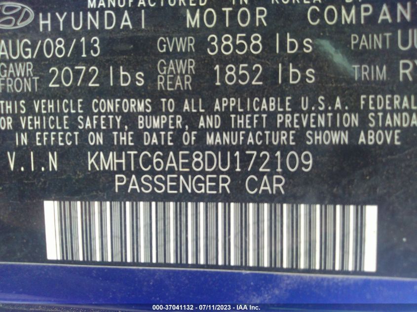 2013 HYUNDAI VELOSTER TURBO - KMHTC6AE8DU172109