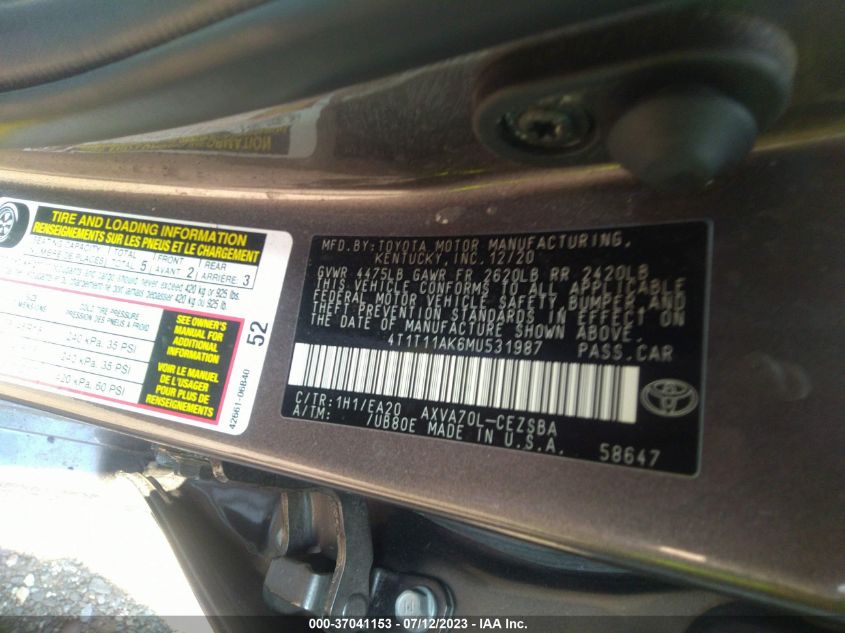 2021 TOYOTA CAMRY SE - 4T1T11AK6MU531987