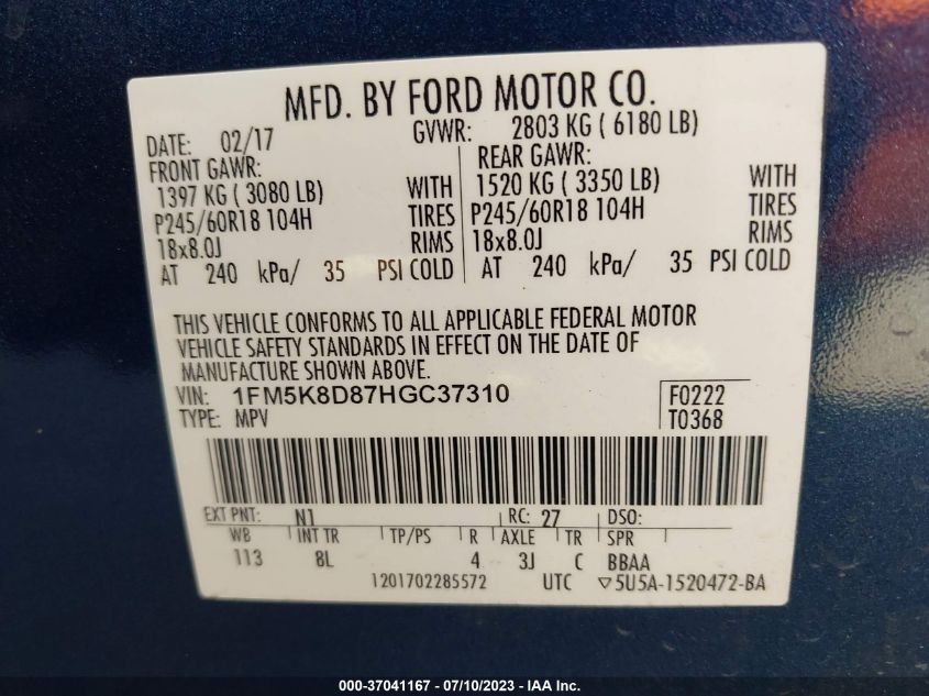 2017 FORD EXPLORER XLT - 1FM5K8D87HGC37310