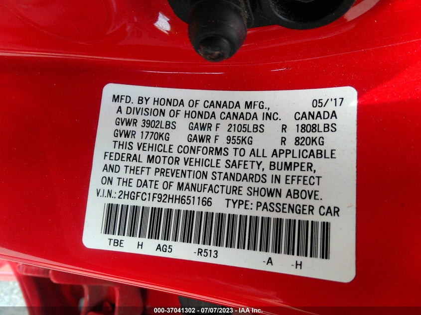 VIN 2HGFC1F92HH651166 2017 HONDA CIVIC SEDAN TOURING